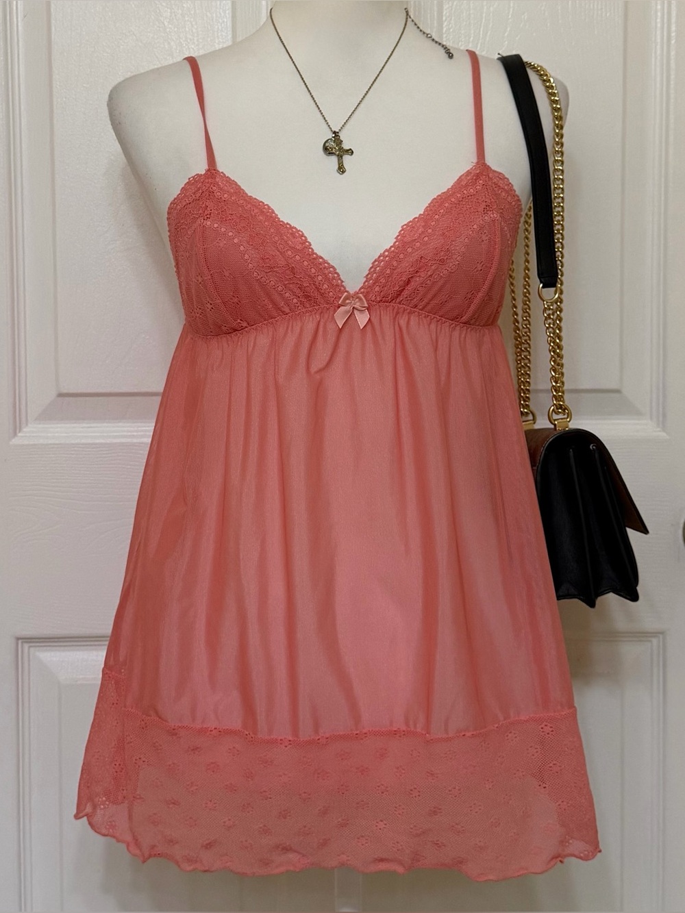 2000s vintage 2007 victoria secret angels pink lace babydoll lingerie cami w bow